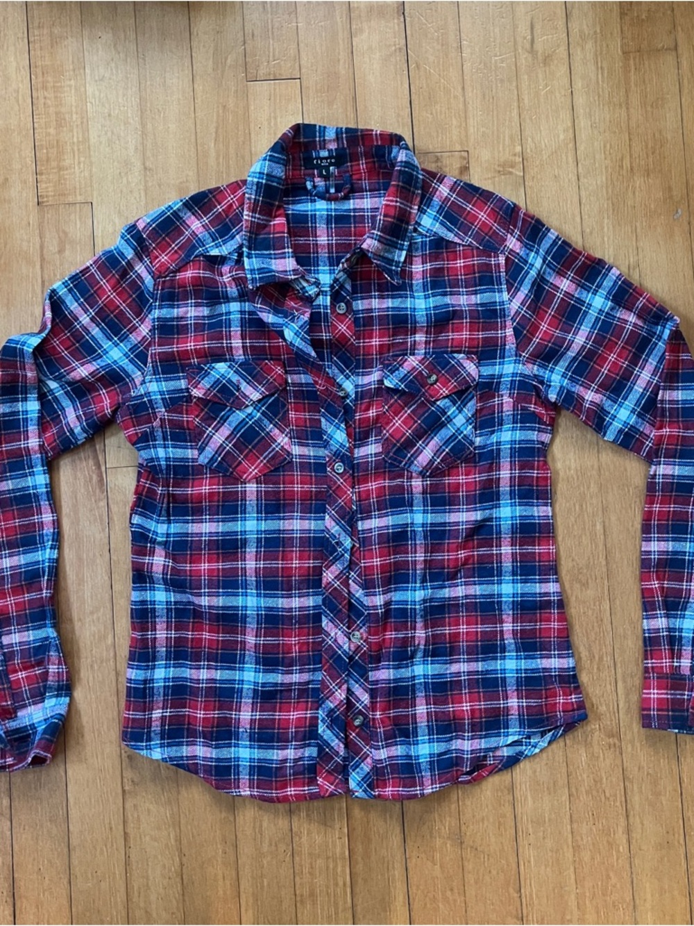 Women’s M: Red and Blue Plaid Button-Up Shirt